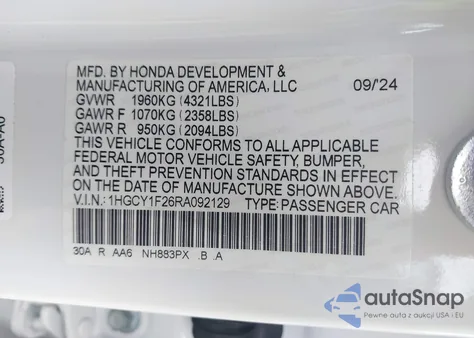 2024 Honda Accord Lx из США, поврежденный, VIN 1HGCY1F26RA092129